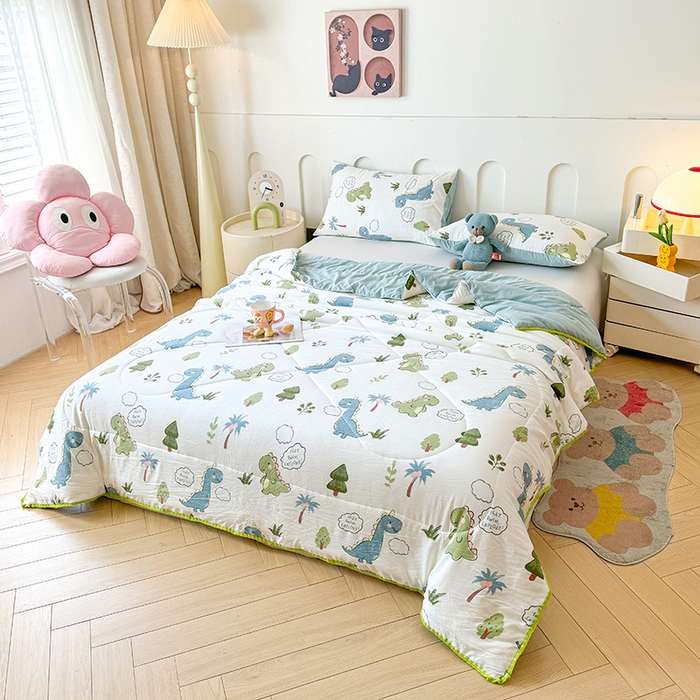 91家纺网 家纺一手货源 找家纺 熙宴家纺 2025新款A类水洗双层纱100%新疆棉花印花夏被空调被夏凉被 恐龙乐园