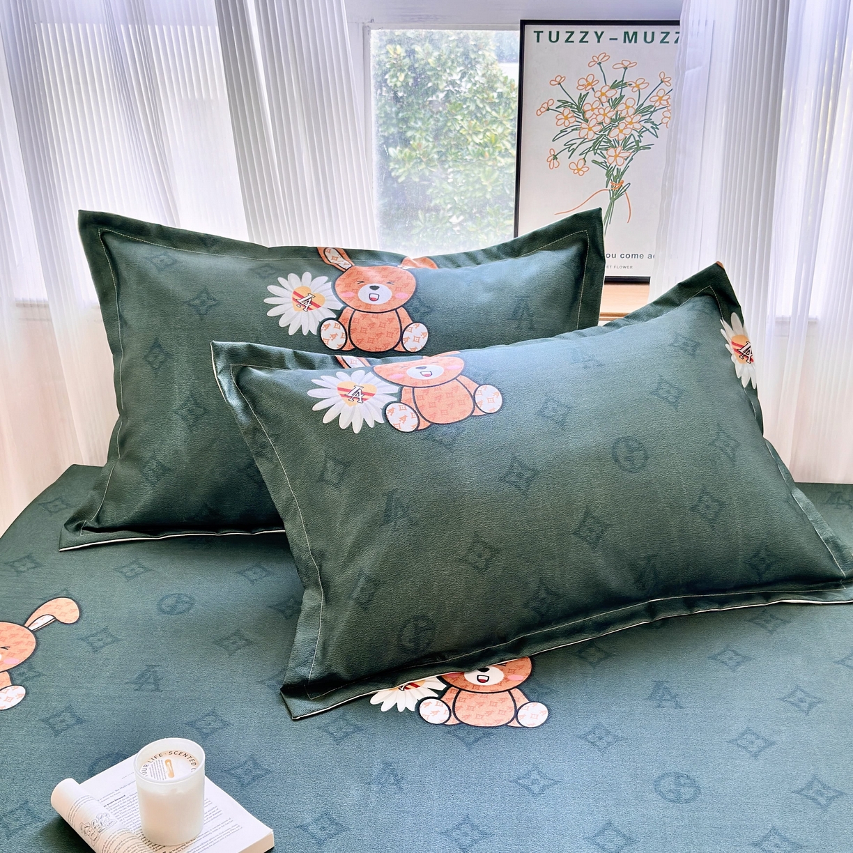 91家纺网 家纺一手货源 找家纺 乐居家纺 2025新款亲肤舒适活性印染水洗冰丝床笠 米妮兔-绿