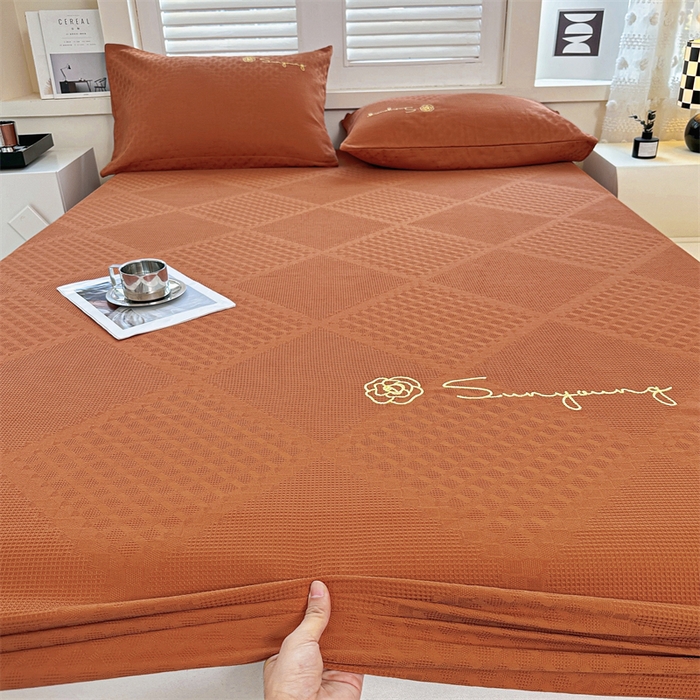 91家纺网 家纺一手货源 找家纺 曼町家居 2025新款全棉华夫格床笠 丁香棕