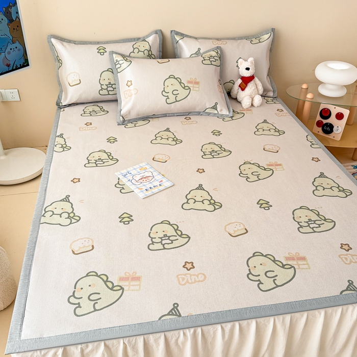 91家纺网 家纺一手货源 找家纺 典曼家纺 2025春夏新款250D冰丝宽边圆网冰丝凉席席子 礼物恐龙