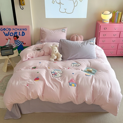 91家纺网 家纺一手货源 找家纺 TT.one 塔塔家居 2025新款全棉双层纱毛巾绣萌宠系列四件套 朵拉公主