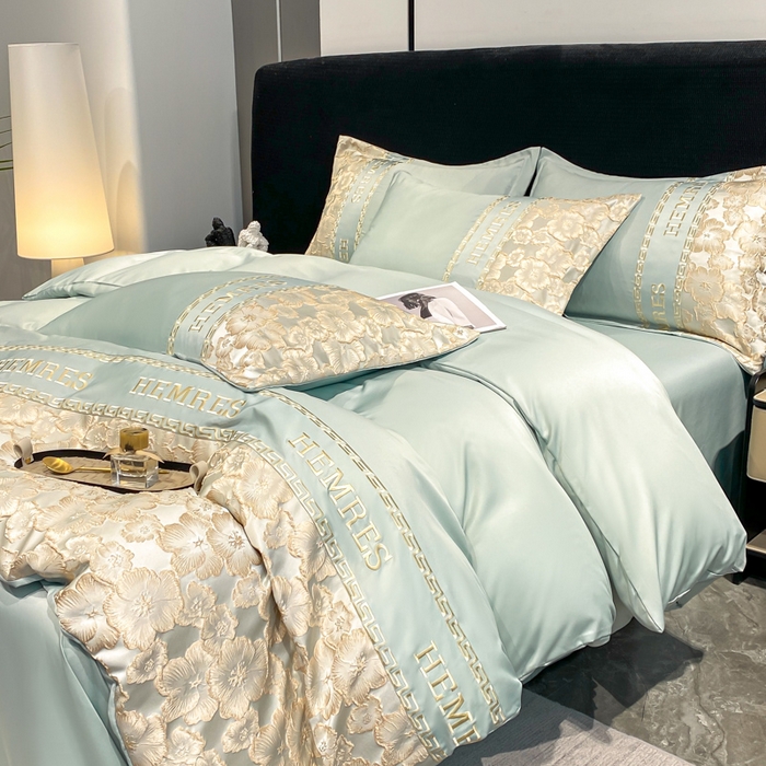 91家纺网 家纺一手货源 找家纺 子曰 2025新款金丝提花浮雕刺绣水洗真丝四件套 花开朵朵-绿