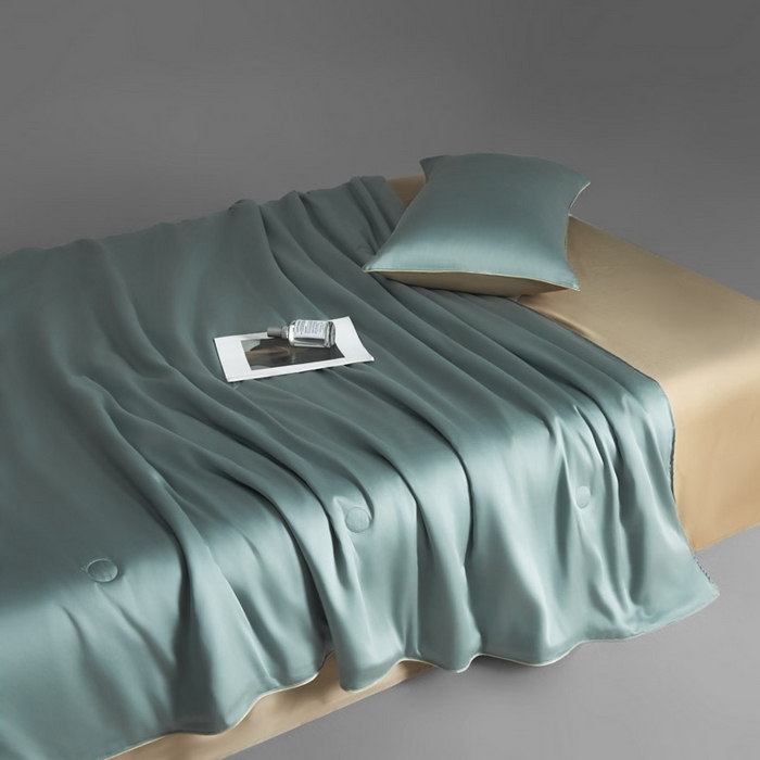 91家纺网 家纺一手货源 找家纺 AB家纺2025新品A类莱赛尔双拼50天丝空调夏被四件套 海青绿-卡其