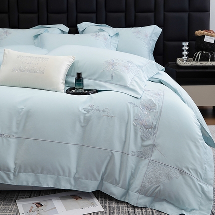 张公子婚庆馆 2025新款120支新疆长绒棉居家绣花工艺系列四件套—花雾 云水蓝