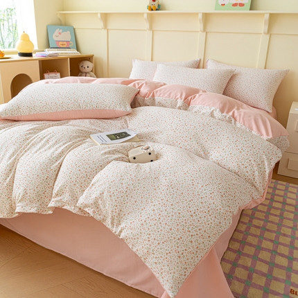 91家纺网 家纺一手货源 找家纺 南北家居 2025新款A类宝宝棉双层纱系列四件套-普通款 桃之夭夭