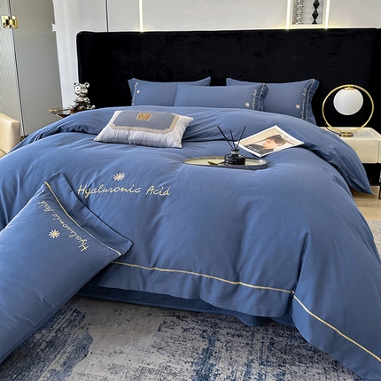 宇彬家纺 2025直播新款13374全棉纯棉母婴级压线一字绣纯色刺绣四件套全棉纯棉贡缎新疆长绒字母款铂金系列 铂金 宾利蓝