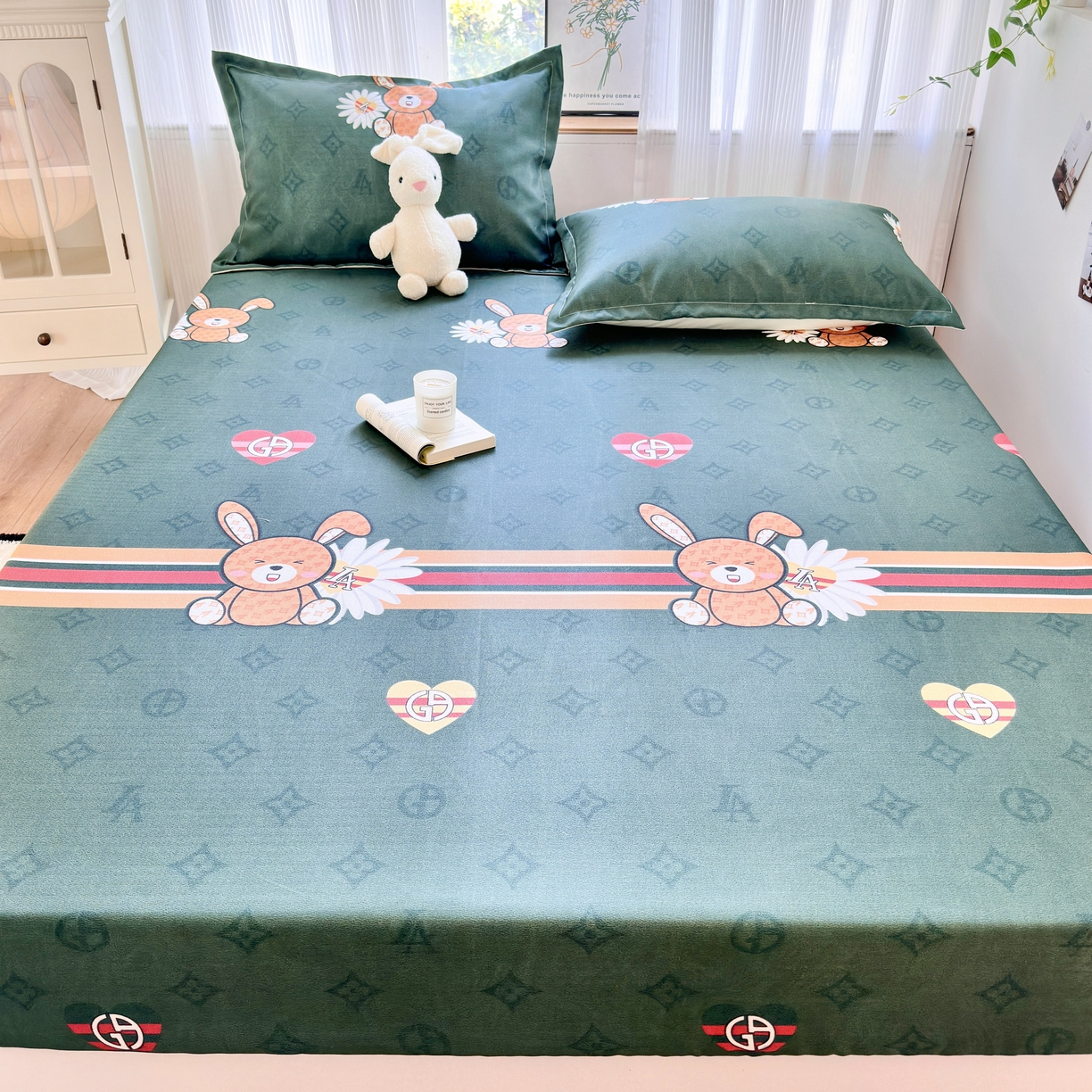 91家纺网 家纺一手货源 找家纺 乐居家纺 2025新款亲肤舒适活性印染水洗冰丝床笠 米妮兔-绿