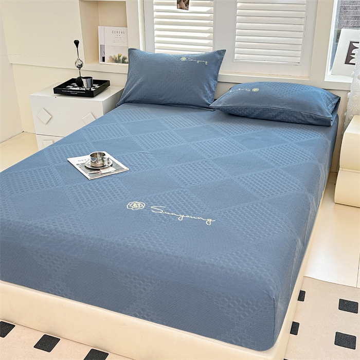 91家纺网 家纺一手货源 找家纺 曼町家居 2025新款全棉华夫格床笠 蔚蓝