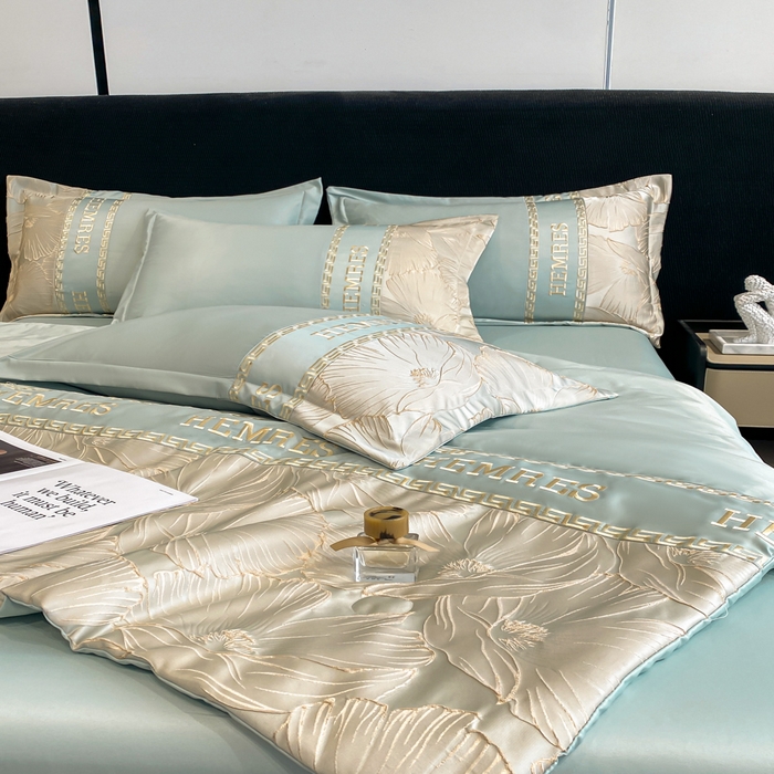 91家纺网 家纺一手货源 找家纺 子曰 2025新款金丝提花浮雕刺绣水洗真丝夏被四件套夏凉被空调被 花语-绿