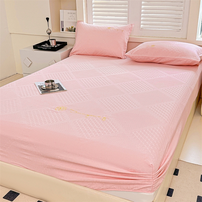 91家纺网 家纺一手货源 找家纺 曼町家居 2025新款全棉华夫格床笠 浅粉