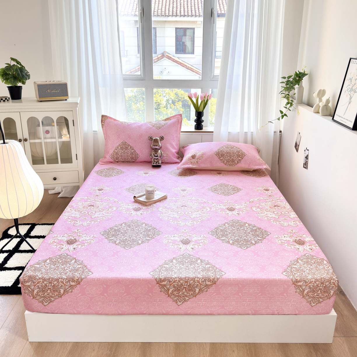 91家纺网 家纺一手货源 找家纺 乐居家纺 2025新款亲肤舒适活性印染水洗冰丝床笠 空谷幽兰-粉