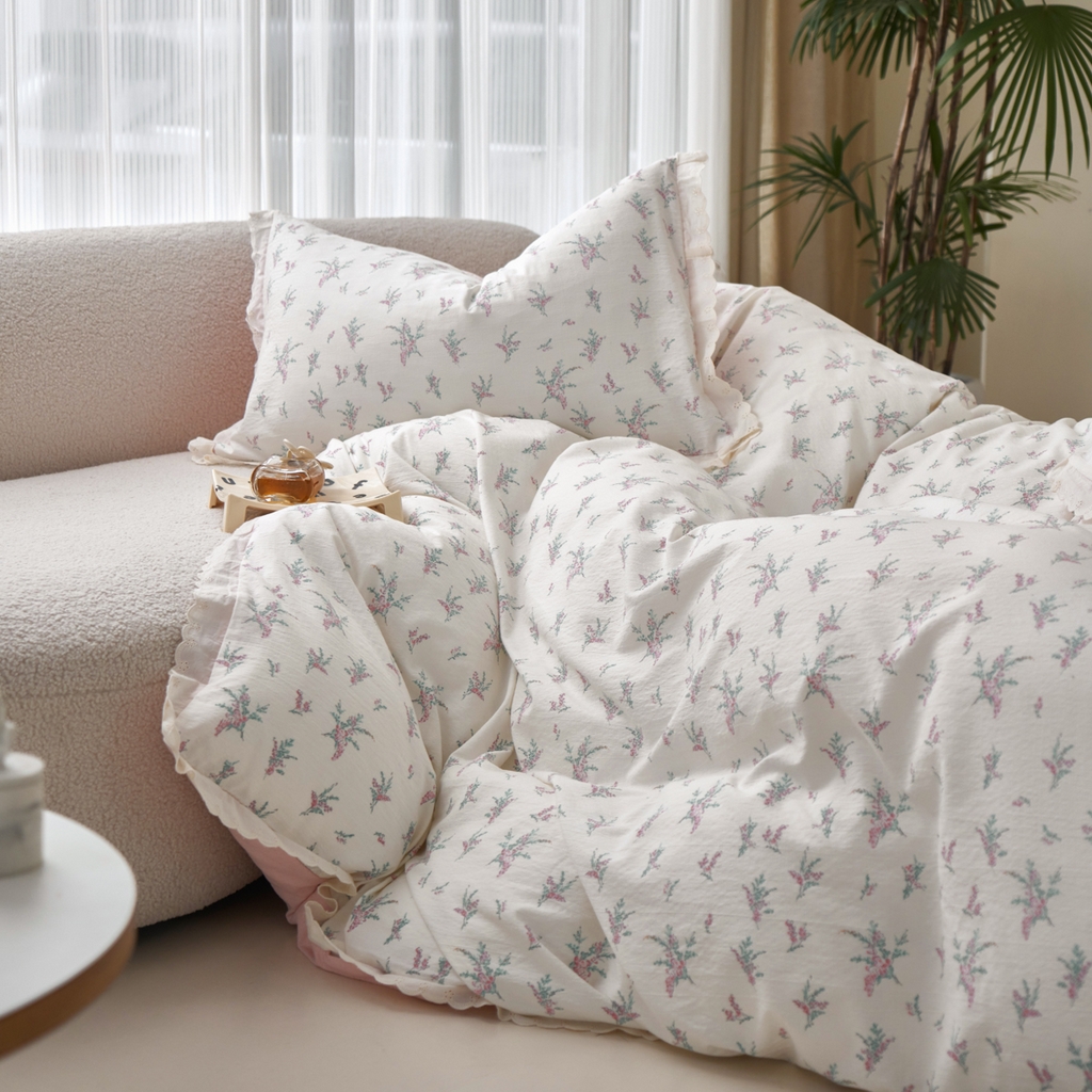 91家纺网 家纺一手货源 找家纺 漫仙阁家纺 2025新款双层纱花边款韩版四件套 白茶