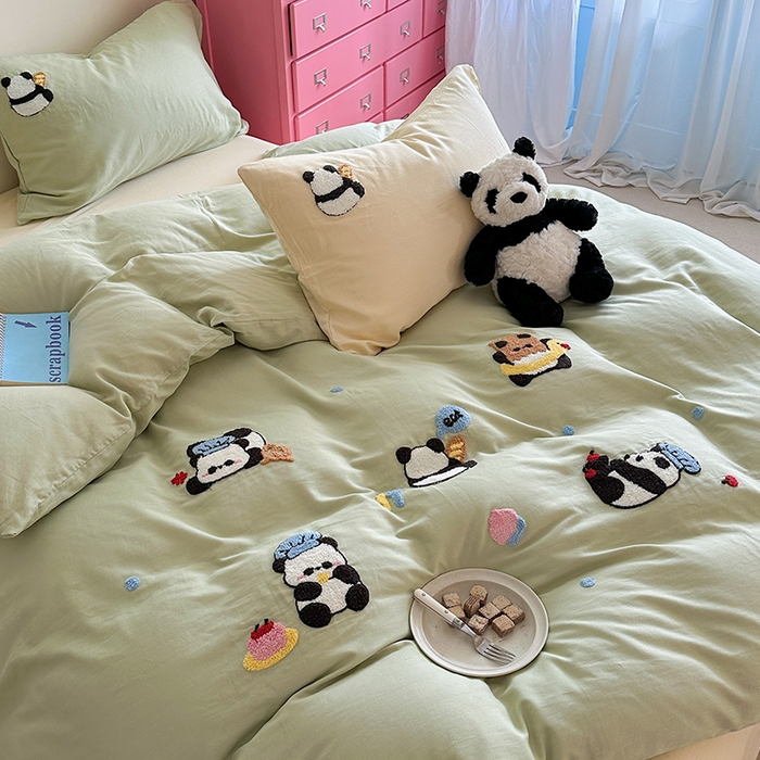 91家纺网 家纺一手货源 找家纺 TT.one 塔塔家居 2025新款全棉双层纱毛巾绣萌宠系列四件套 福气团团