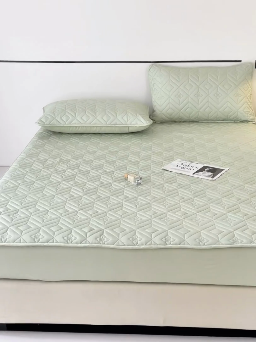 91家纺网 家纺一手货源 找家纺 云雀   2025新款舒适莱赛尔天丝夹棉床笠 菱格床笠-豆绿