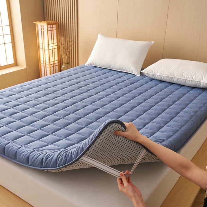 91家纺网 家纺一手货源 找家纺 锦丝钰床垫 2025新款色织水洗棉棉花床垫 牛仔蓝