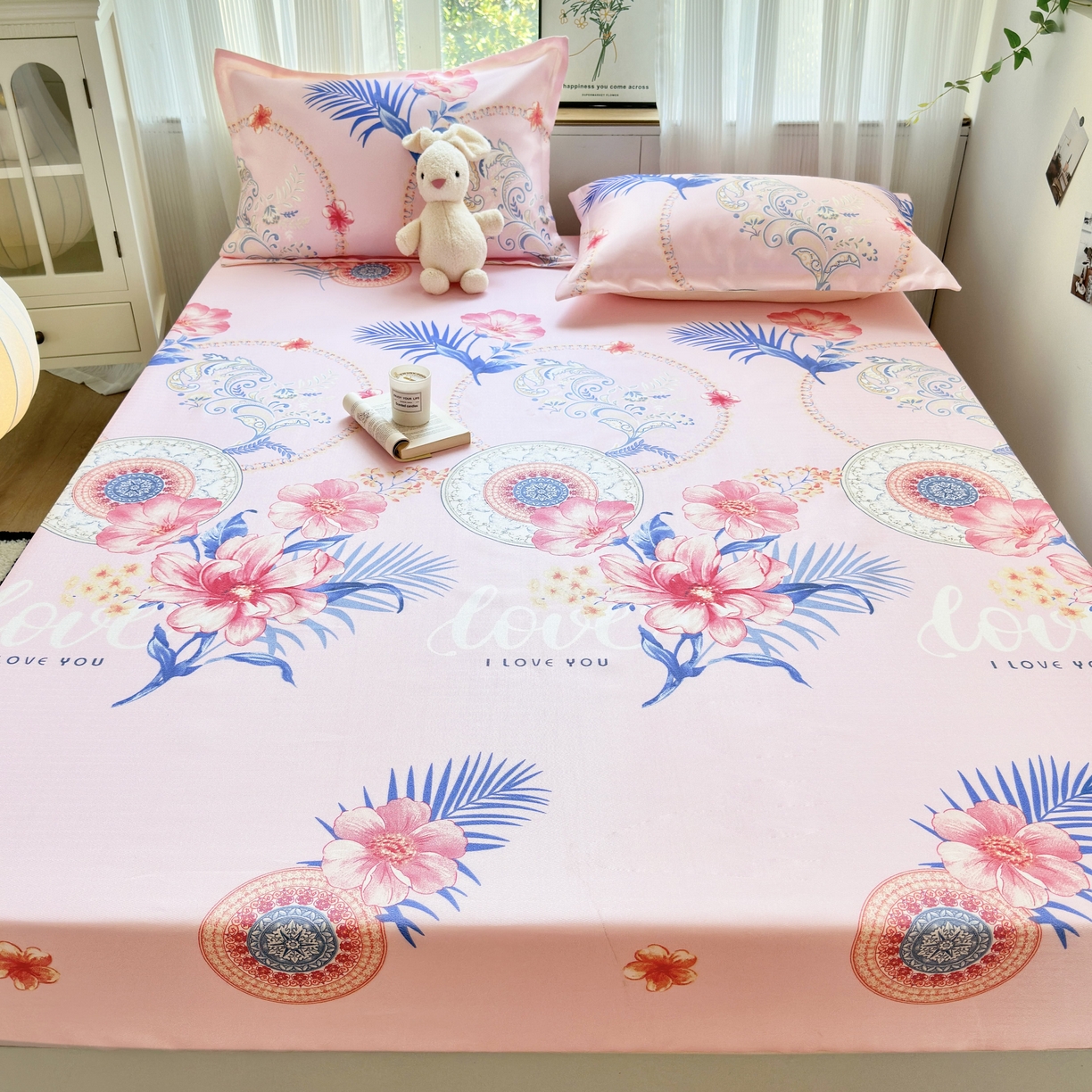 91家纺网 家纺一手货源 找家纺 乐居家纺 2025新款亲肤舒适活性印染水洗冰丝床笠 国色天香-粉