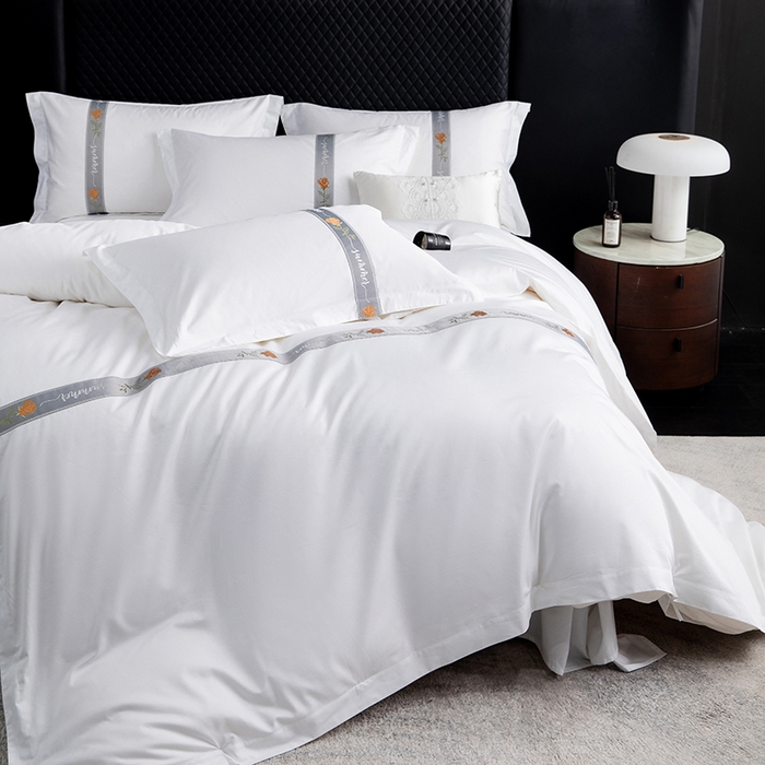 91家纺网 家纺一手货源 找家纺 优必恩 2025新款高支高密民宿酒店织带款四件套套件 浅青