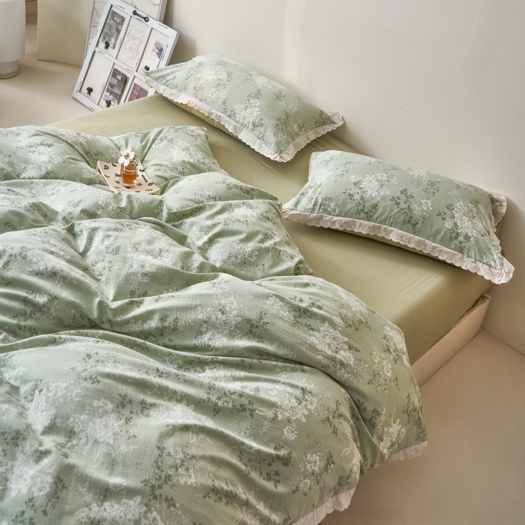 91家纺网 家纺一手货源 找家纺 漫仙阁家纺 2025新款双层纱花边款韩版四件套 绿意