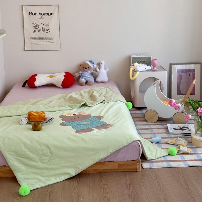 91家纺网 家纺一手货源 找家纺 喜多兔2025新款高精密人字棉贴布绣奶里奶气夏被夏凉被 绿色奶气小猫