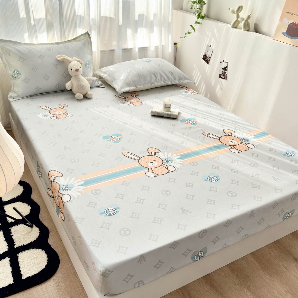 91家纺网 家纺一手货源 找家纺 乐居家纺 2025新款亲肤舒适活性印染水洗冰丝床笠 米妮兔-卡