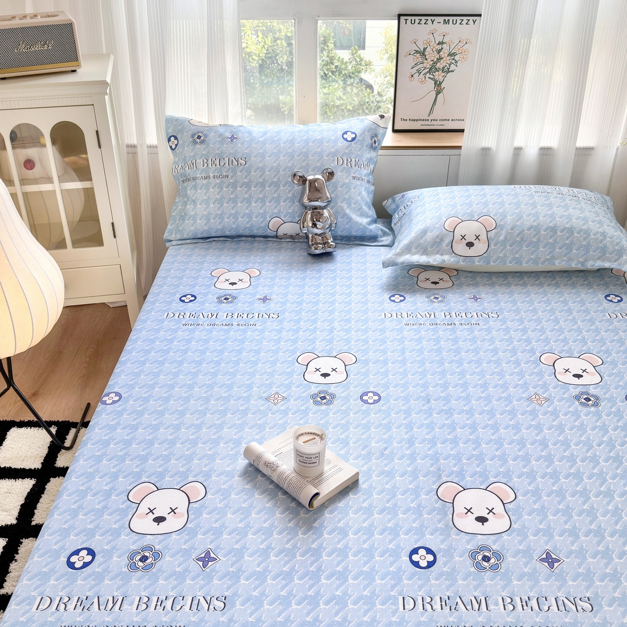 91家纺网 家纺一手货源 找家纺 乐居家纺 2025新款亲肤舒适活性印染水洗冰丝床笠 千鸟格熊-蓝