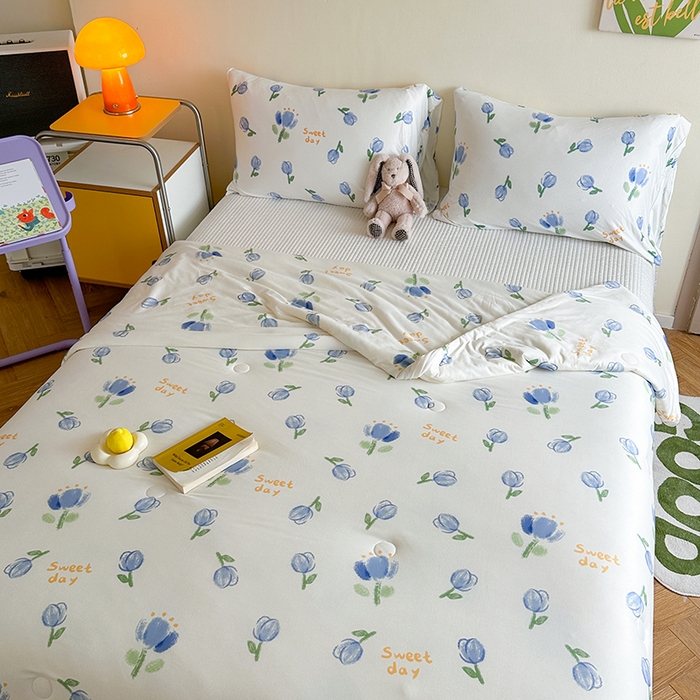 91家纺网 家纺一手货源 找家纺 麦伦家居 2025新款云柔针织棉大豆夏凉被 蓝郁金香