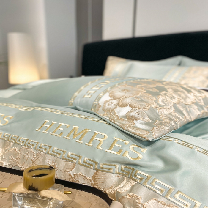 91家纺网 家纺一手货源 找家纺 子曰 2025新款金丝提花浮雕刺绣水洗真丝四件套 花开朵朵-绿