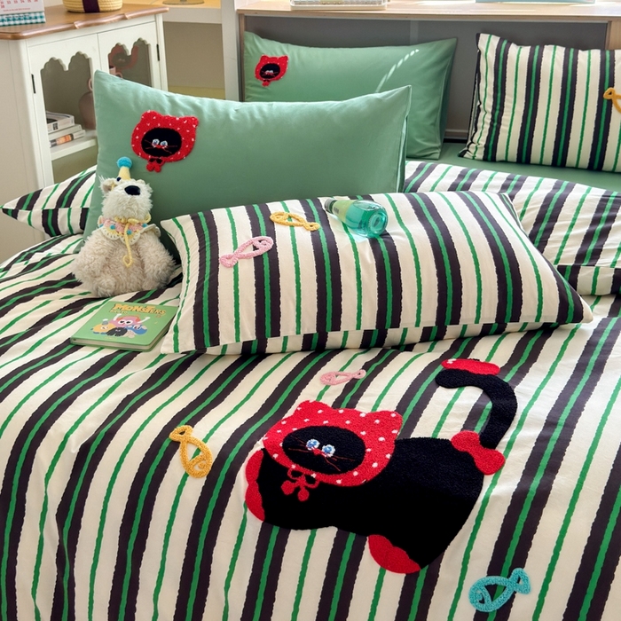 91家纺网 家纺一手货源 找家纺 如意朵2025新款全棉毛巾绣四件套 小红猫