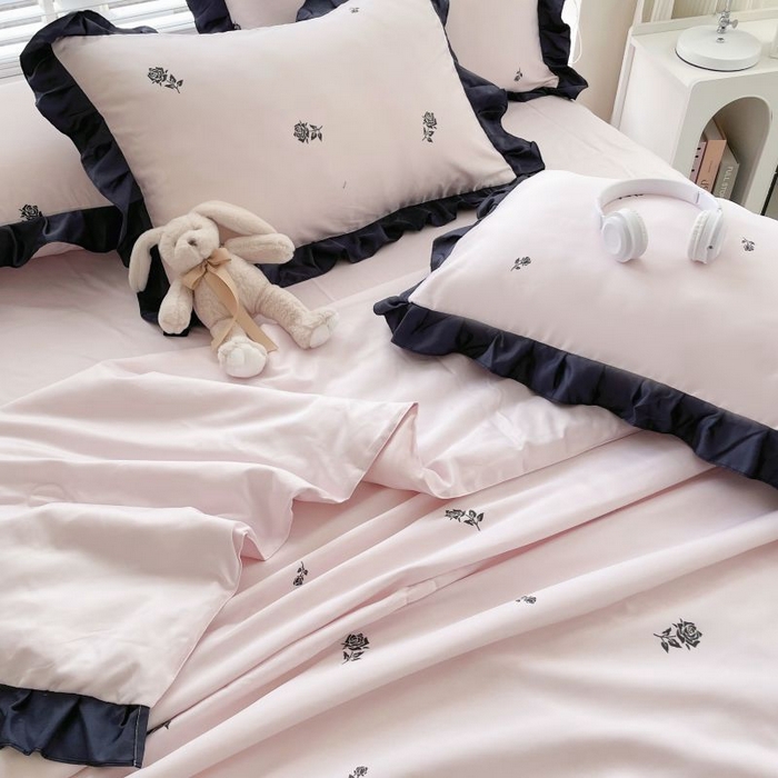 91家纺网 家纺一手货源 找家纺 绣女坊  2025新款水洗天丝夏被四件套 粉色玫瑰