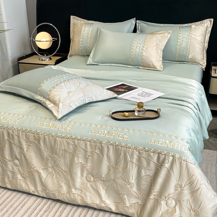 91家纺网 家纺一手货源 找家纺 子曰 2025新款金丝提花浮雕刺绣水洗真丝夏被四件套夏凉被空调被 花语-绿