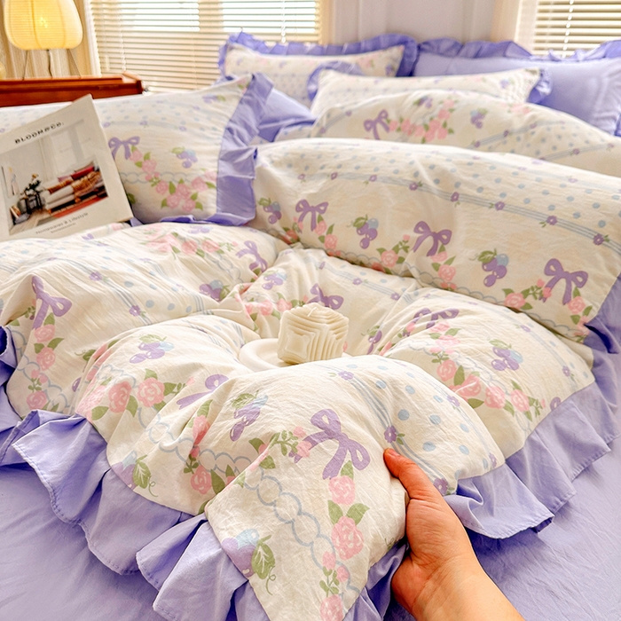 91家纺网 家纺一手货源 找家纺 佳一家纺 2025新款亲肤水洗棉四件套系列 蝴蝶结紫