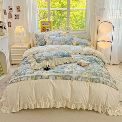 迪欧芙2025新款全棉法式数码印花床裙四件套 夏日花语