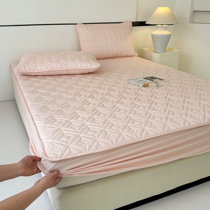 91家纺网 家纺一手货源 找家纺 云雀   2025新款舒适莱赛尔天丝夹棉床笠 菱格床笠-玉粉