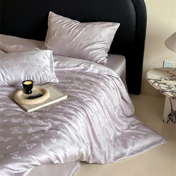 91家纺网 家纺一手货源 找家纺 FORTWO2025新款60支兰精天丝浮雕提花四件套		 云渺-紫