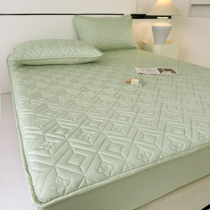 91家纺网 家纺一手货源 找家纺 云雀   2025新款舒适莱赛尔天丝夹棉床笠 菱格床笠-豆绿