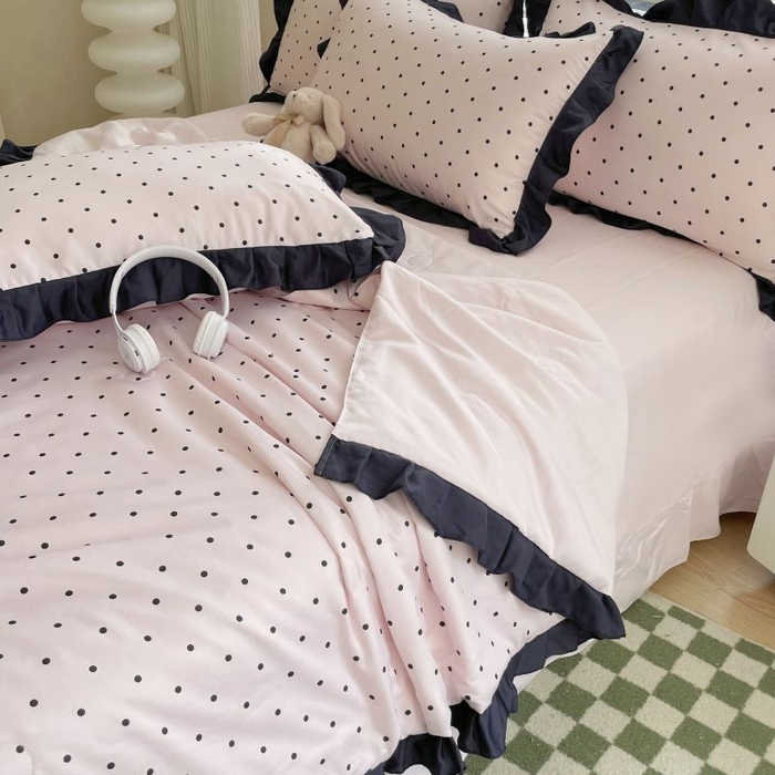 91家纺网 家纺一手货源 找家纺 绣女坊  2025新款水洗天丝夏被四件套 粉色圆点