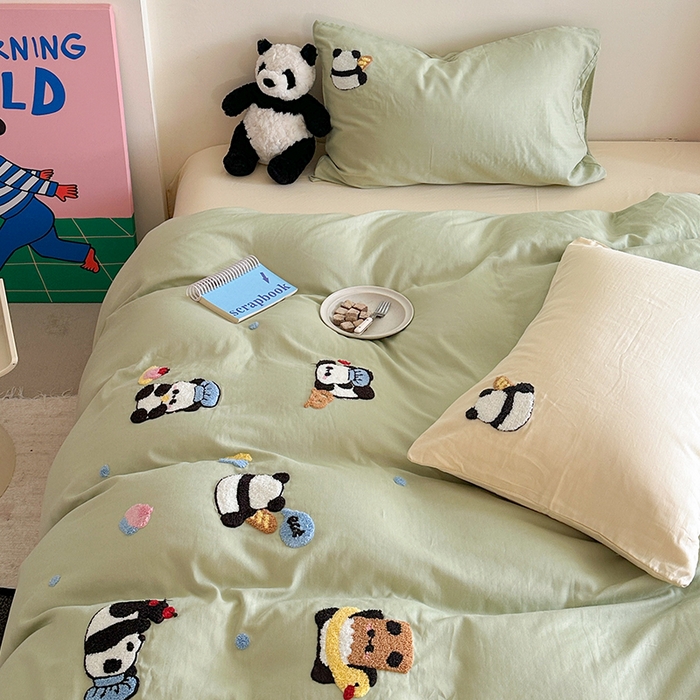 91家纺网 家纺一手货源 找家纺 TT.one 塔塔家居 2025新款全棉双层纱毛巾绣萌宠系列四件套 福气团团