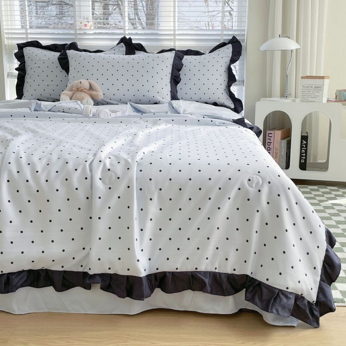 91家纺网 家纺一手货源 找家纺 绣女坊  2025新款水洗天丝夏被四件套 蓝色圆点