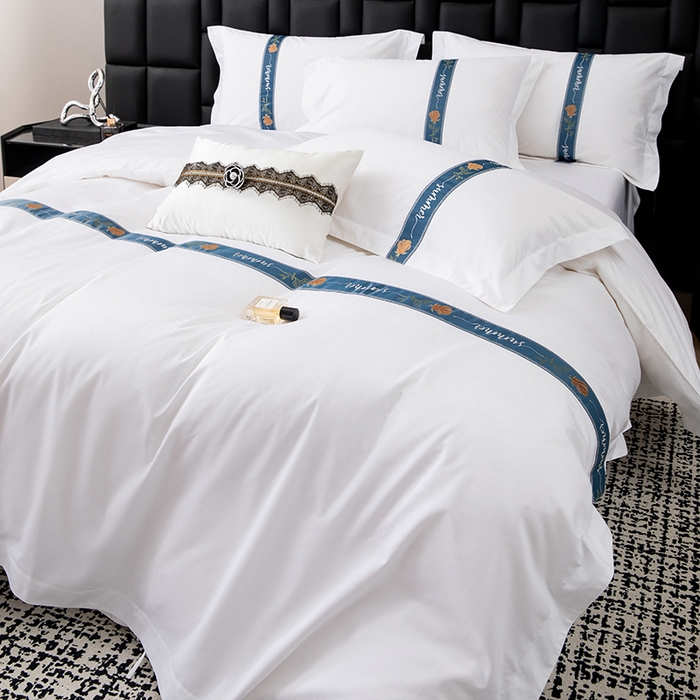 91家纺网 家纺一手货源 找家纺 优必恩 2025新款高支高密民宿酒店织带款四件套套件 蓝色花海