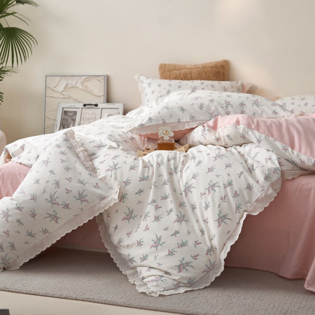 91家纺网 家纺一手货源 找家纺 漫仙阁家纺 2025新款双层纱花边款韩版四件套 白茶