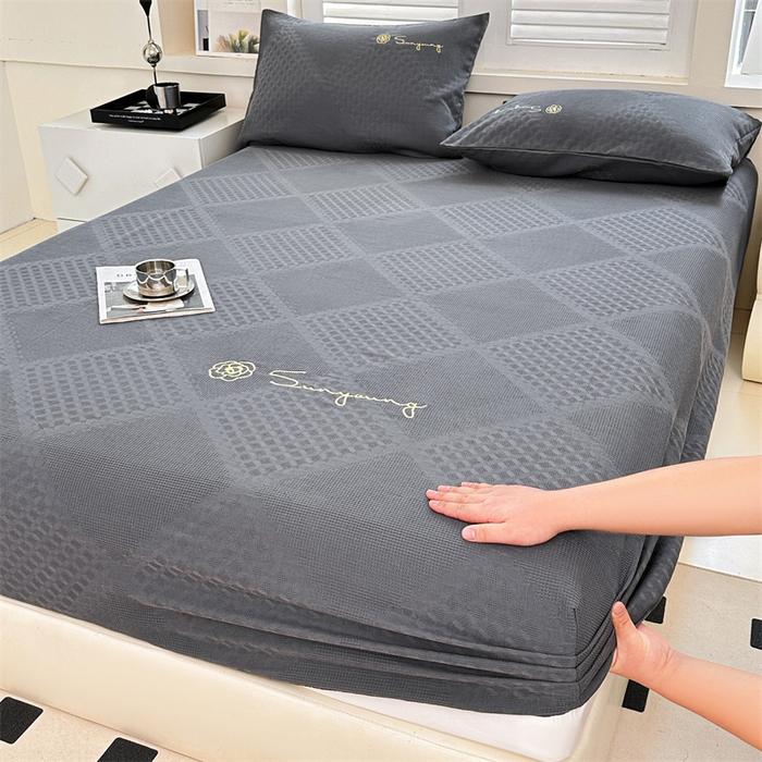 91家纺网 家纺一手货源 找家纺 曼町家居 2025新款全棉华夫格床笠 烟灰