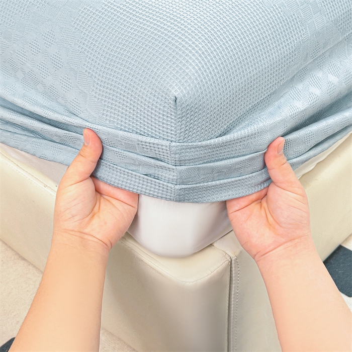 91家纺网 家纺一手货源 找家纺 曼町家居 2025新款全棉华夫格床笠 云水蓝