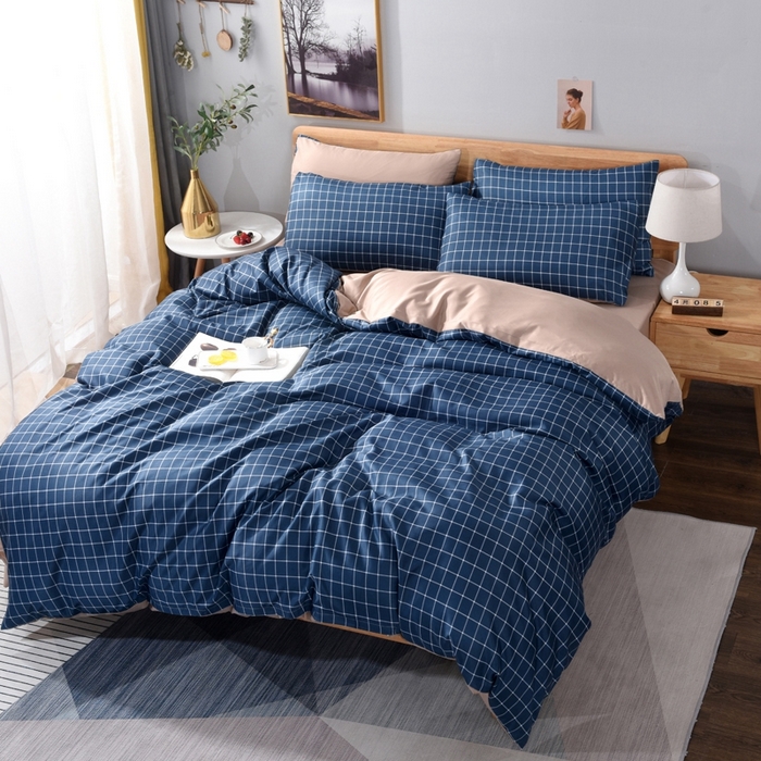 91家纺网 家纺一手货源 找家纺 百花王2025新款斜纹天丝莫代尔四件套 蓝格