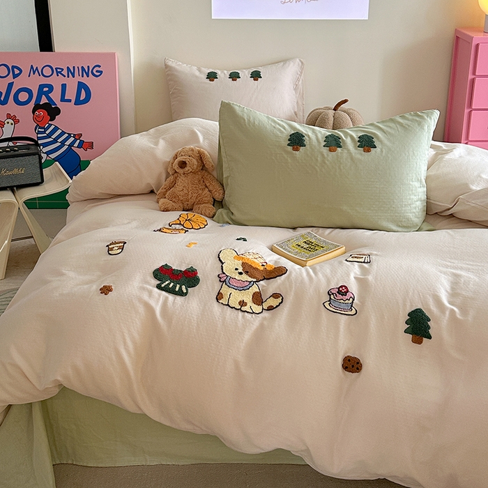 91家纺网 家纺一手货源 找家纺 TT.one 塔塔家居 2025新款全棉双层纱毛巾绣萌宠系列四件套 派对小狗