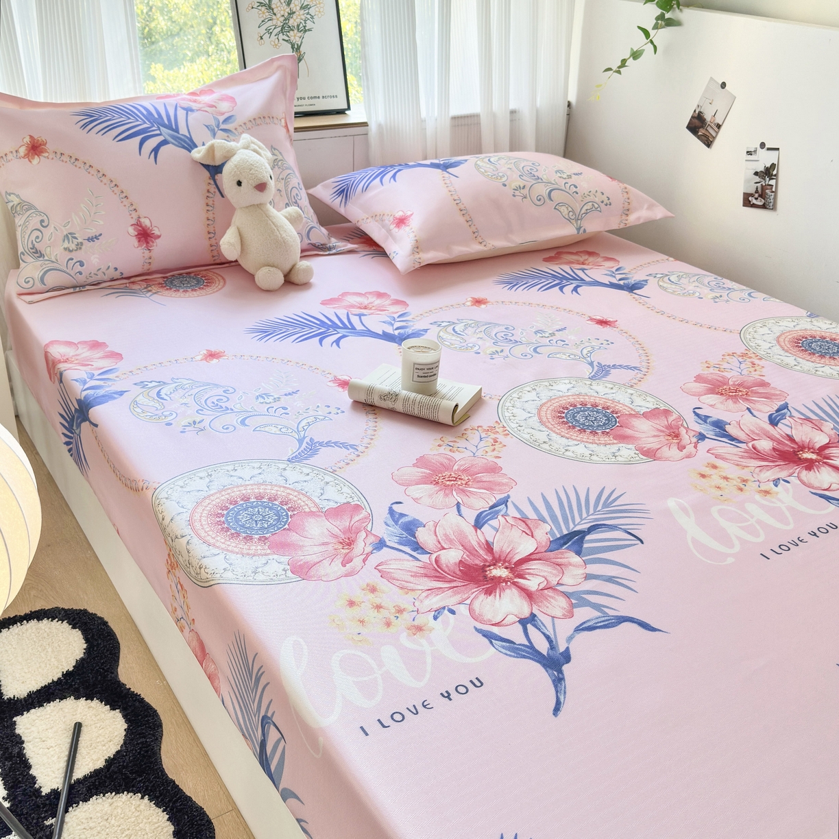 91家纺网 家纺一手货源 找家纺 乐居家纺 2025新款亲肤舒适活性印染水洗冰丝床笠 国色天香-粉