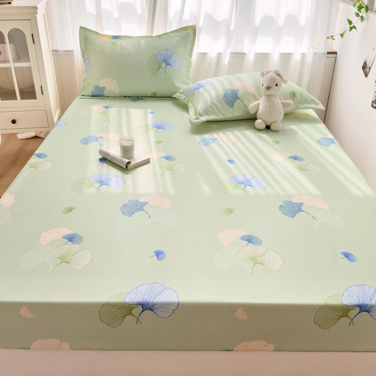 91家纺网 家纺一手货源 找家纺 乐居家纺 2025新款亲肤舒适活性印染水洗冰丝床笠 银杏叶-绿