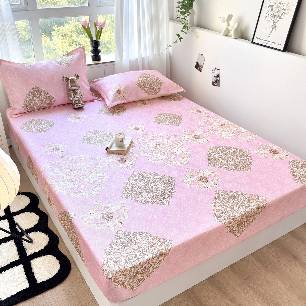 91家纺网 家纺一手货源 找家纺 乐居家纺 2025新款亲肤舒适活性印染水洗冰丝床笠 空谷幽兰-粉