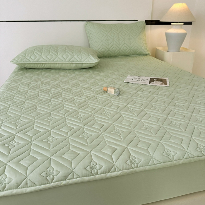 91家纺网 家纺一手货源 找家纺 云雀   2025新款舒适莱赛尔天丝夹棉床笠 菱格床笠-豆绿