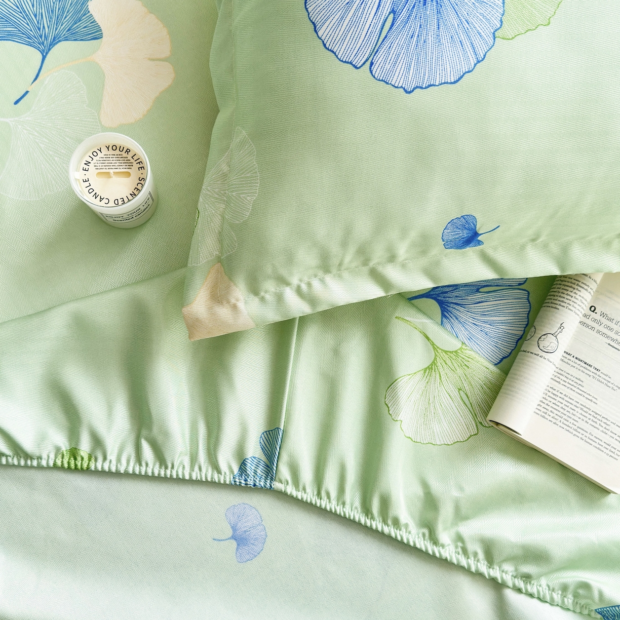 91家纺网 家纺一手货源 找家纺 乐居家纺 2025新款亲肤舒适活性印染水洗冰丝床笠 银杏叶-绿