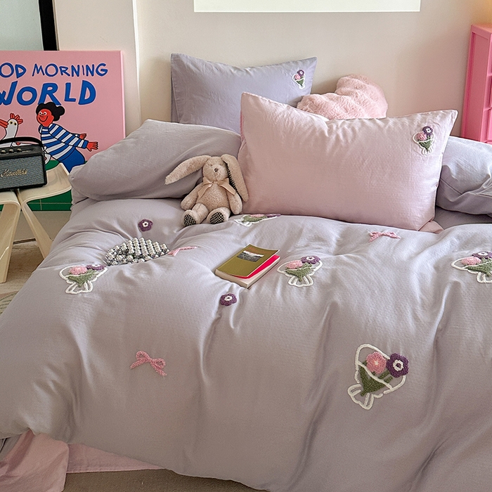 91家纺网 家纺一手货源 找家纺 TT.one 塔塔家居 2025新款全棉双层纱毛巾绣萌宠系列四件套 浪漫假日